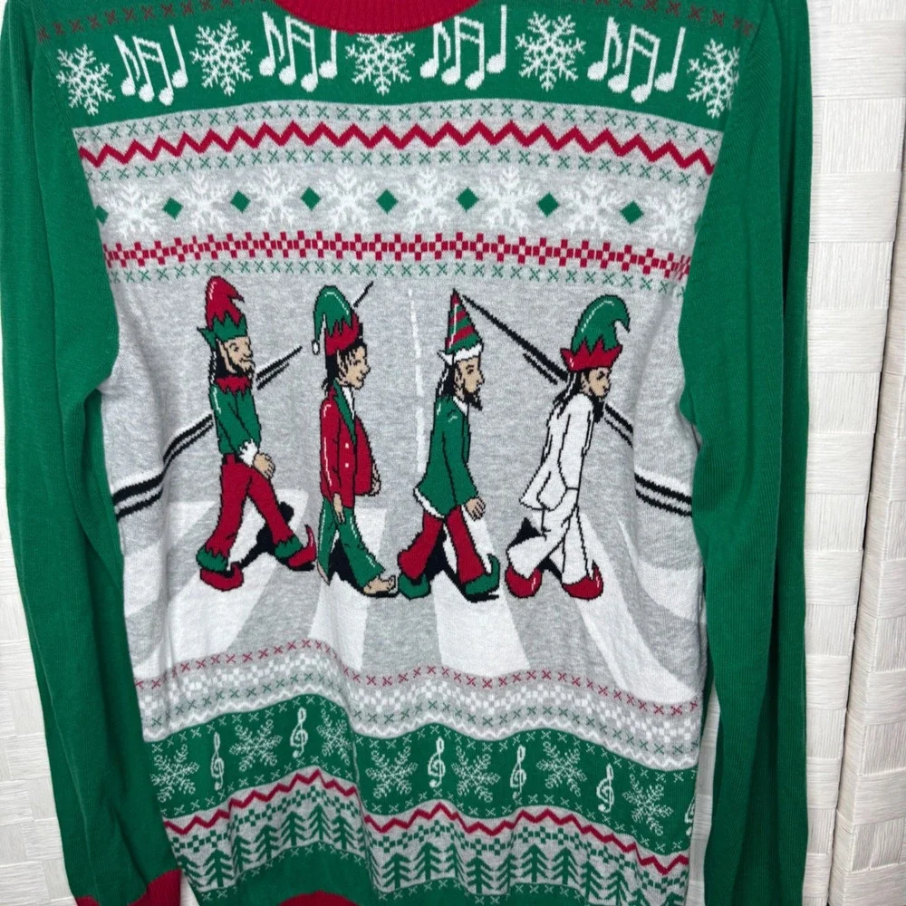 Ugly Christmas Sweater Beatles Abbey Road Elves Parody Green Mens Large L